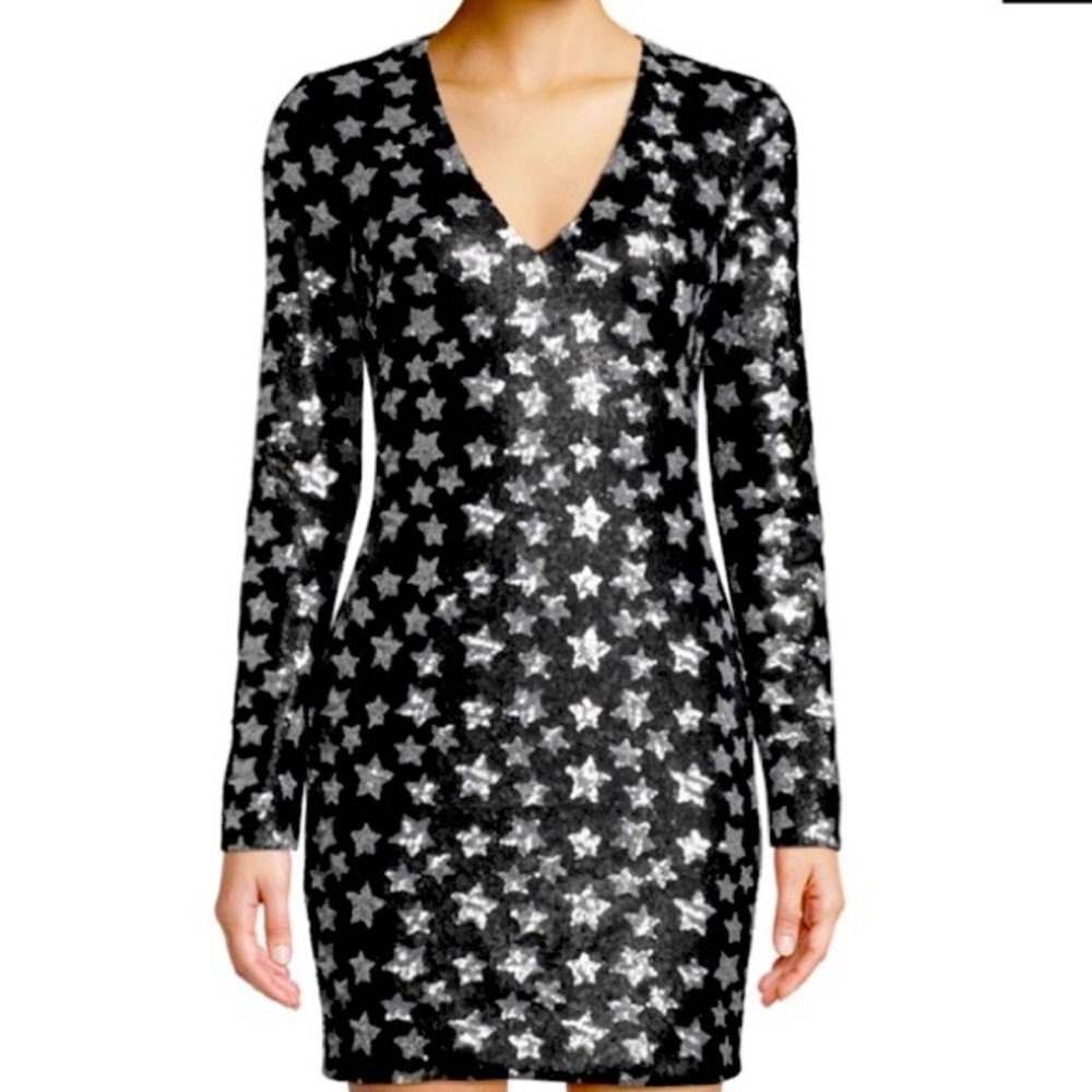 Black Halo Alicia Long-sleeve Dress W/ Sequin Stars In Starry Night